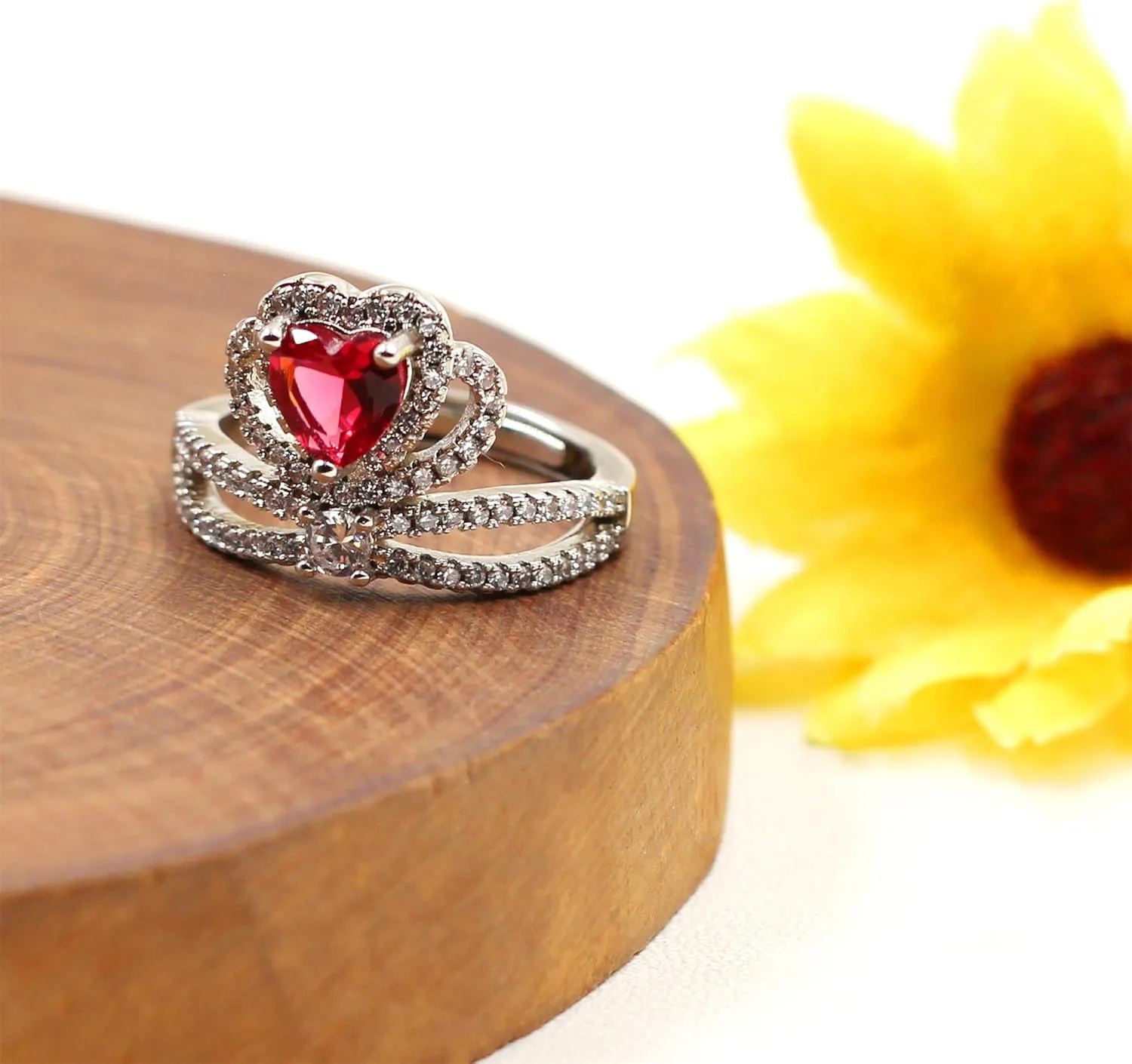 | Colorful Zircon Ring | Heart Design | Adjustable Open Band | Crown Style | Valentine's Day Jewelry | Women's Ring | YA4665