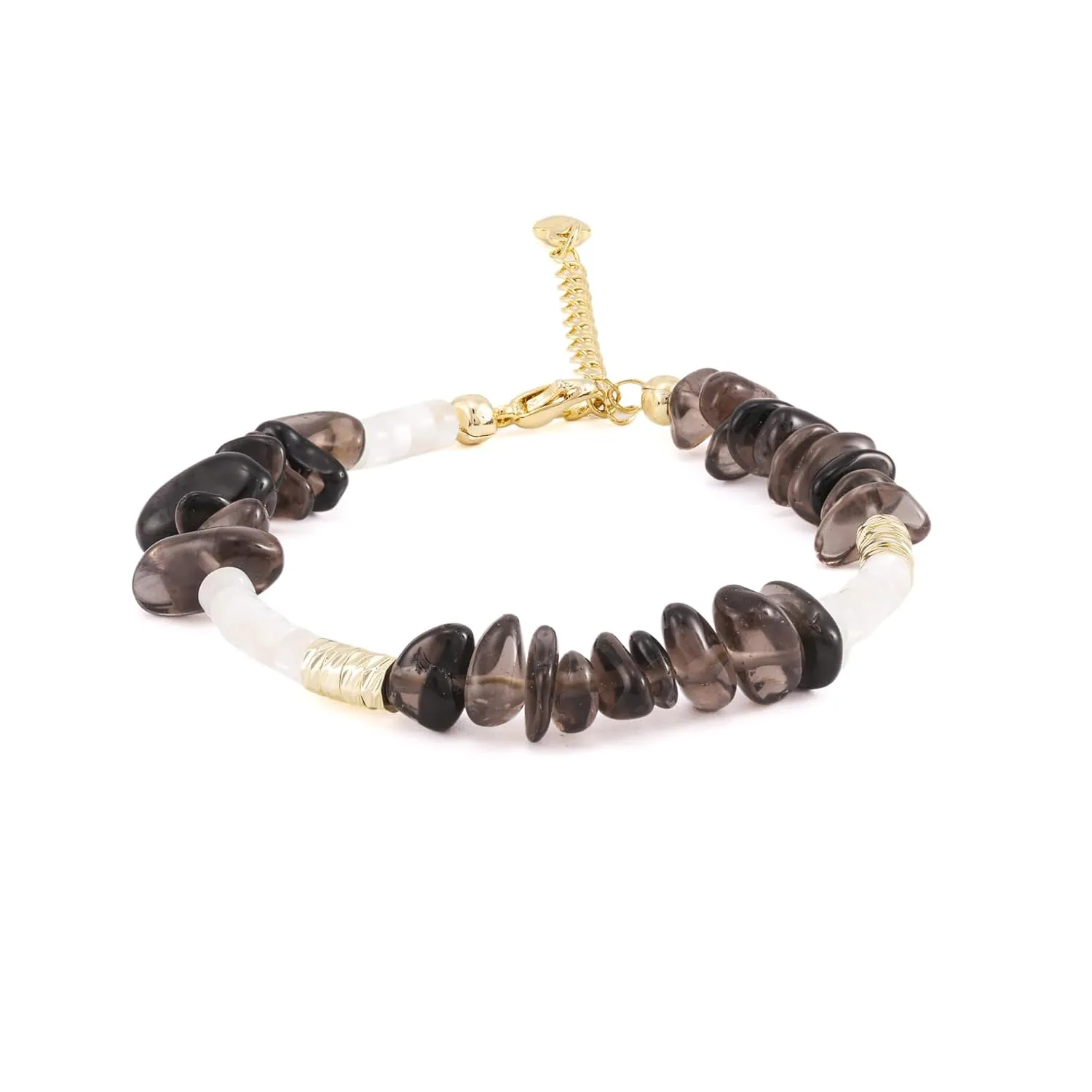 0.2-0.3in Natural Smoky Quartz Gemstone 14K Gold Plated Bracelet for Women/Men, Handmade from Raw Stone Beads, Healing Chip Energy Crushed Stone Beaded Crystal Bracelet