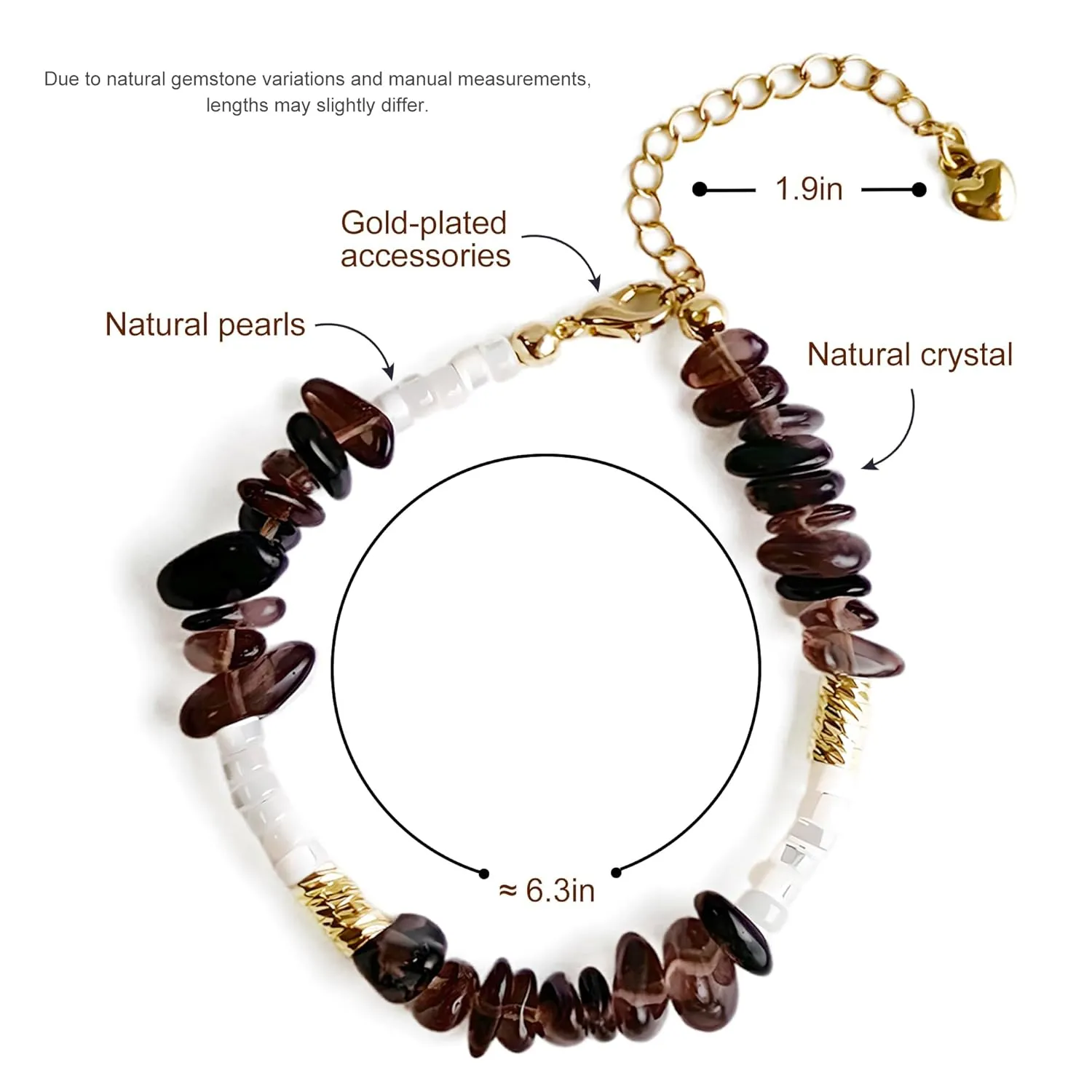 0.2-0.3in Natural Smoky Quartz Gemstone 14K Gold Plated Bracelet for Women/Men, Handmade from Raw Stone Beads, Healing Chip Energy Crushed Stone Beaded Crystal Bracelet