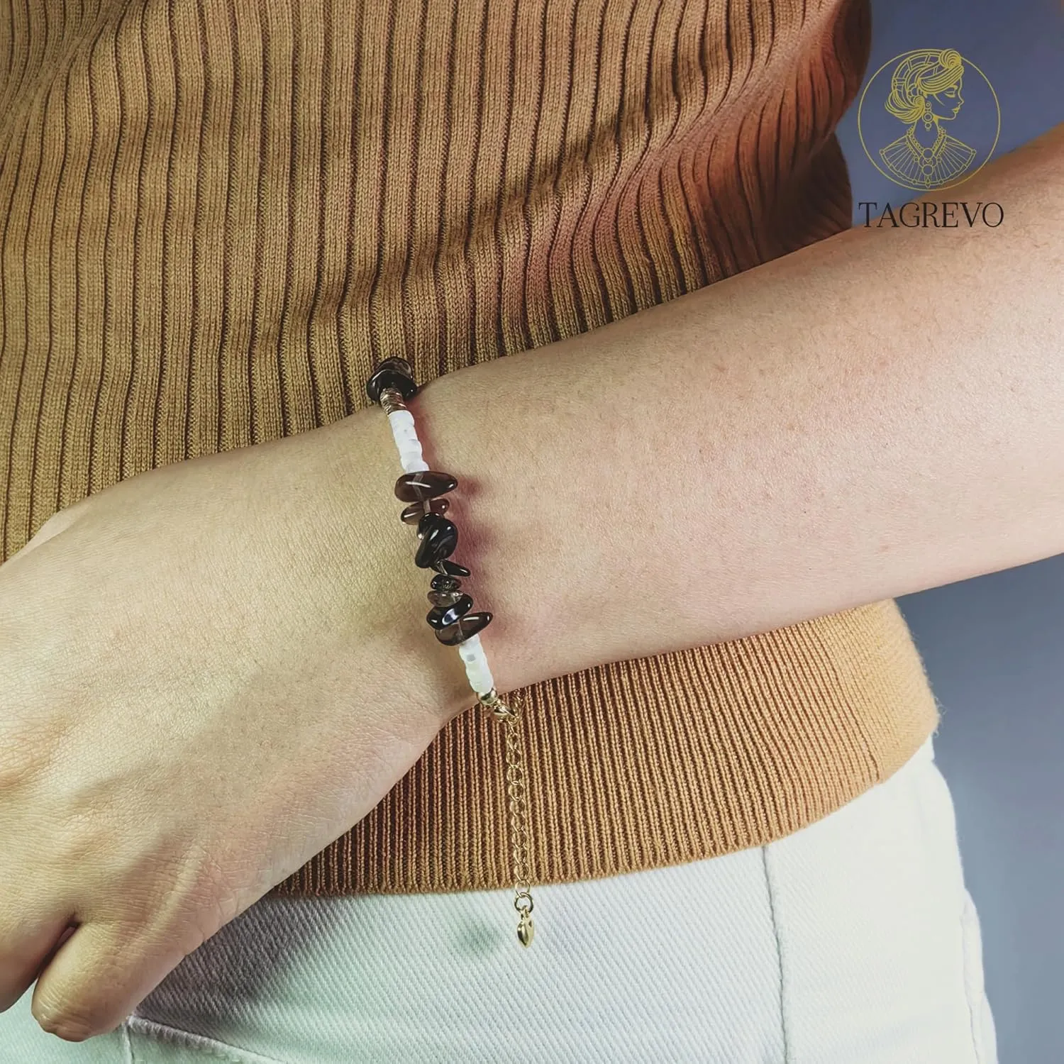 0.2-0.3in Natural Smoky Quartz Gemstone 14K Gold Plated Bracelet for Women/Men, Handmade from Raw Stone Beads, Healing Chip Energy Crushed Stone Beaded Crystal Bracelet