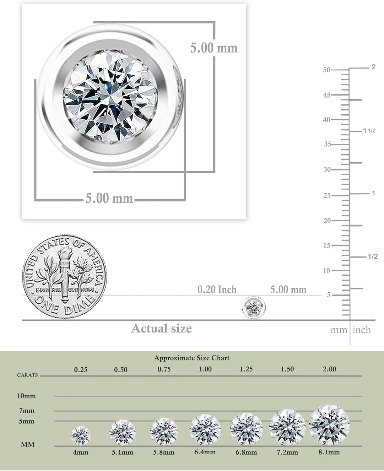 0.25-2.00 Carat Round Lab Grown White Diamond or Cubic Zirconia Elegant Solitaire Bezel Set Stud Earrings for Women in 925 Sterling Silver