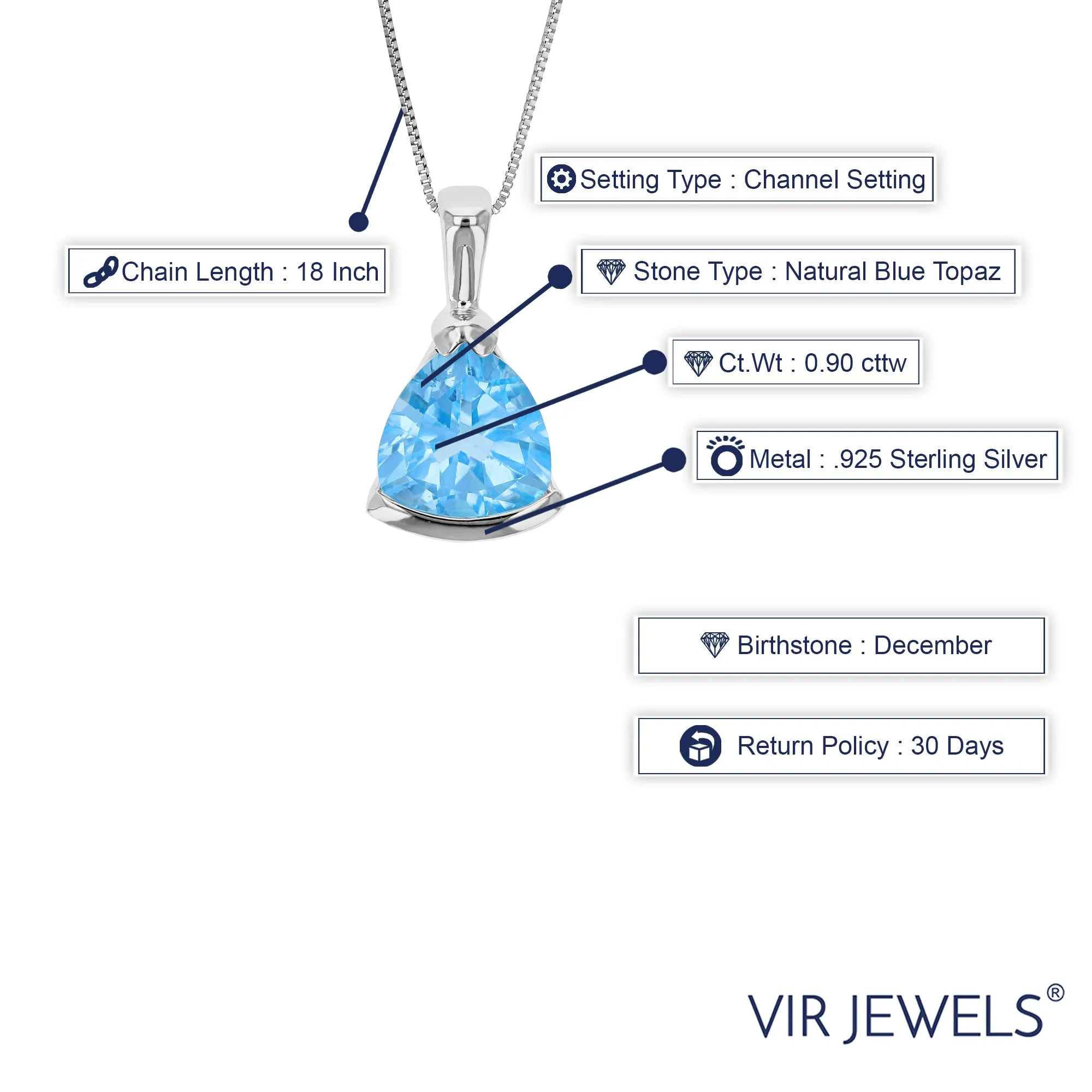 0.90 cttw Pendant Necklace, Swiss Blue Topaz Trillion Shape Pendant Necklace for Women in .925 Sterling Silver with Rhodium, 18 Inch Chain, Channel Setting