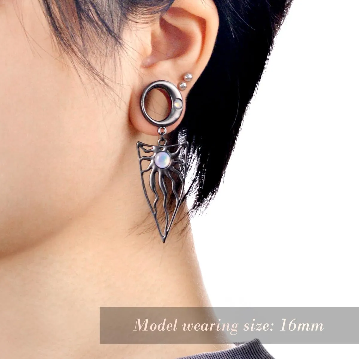 1 Pair Moon Sun Inlaid Opal Dangle Ear Gauges Piercing Stainless Steel Plugs and Tunnels Elegant Temperament Ear Stretchers Earrings Expander.