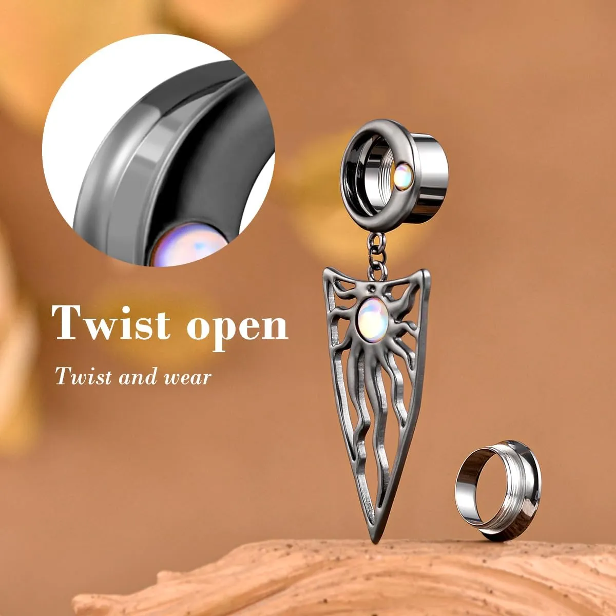 1 Pair Moon Sun Inlaid Opal Dangle Ear Gauges Piercing Stainless Steel Plugs and Tunnels Elegant Temperament Ear Stretchers Earrings Expander.