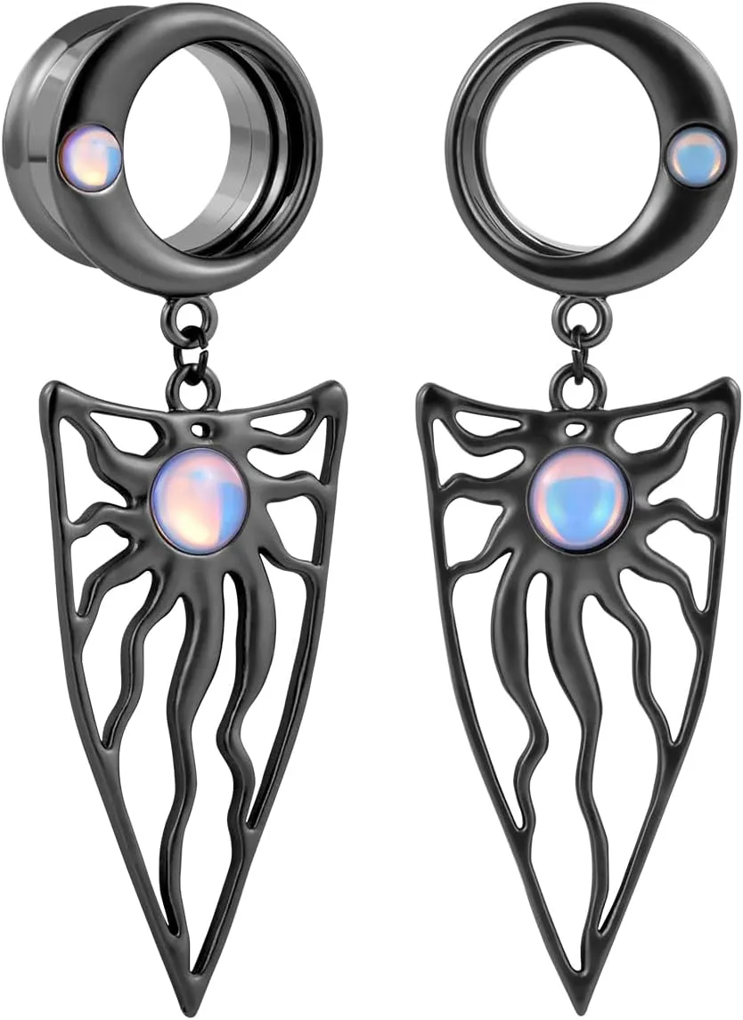 1 Pair Moon Sun Inlaid Opal Dangle Ear Gauges Piercing Stainless Steel Plugs and Tunnels Elegant Temperament Ear Stretchers Earrings Expander.