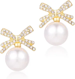 1 Pair Pearl Bow Earrings, Elegant Pearl Drop Dangle Earrings Rhinestone Bow Stud Earrings Dainty Bowknot Earrings Fashion Pearl Statement Earrings Jewelry Gifts for Women Girls