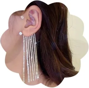 1 Pair Shiny Rhinestone Tassel Ear Cuff Earrings Cubic Zirconia CZ No Piercing Cartilage Vintage Ear Clip Wrap Around for Women(Silver)