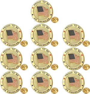 10 Pack Round American Flag Pins, Gold USA Flag Lapel Pins - Pround to Be An American Pin for Memorial Day, Flag Day, Independence Day,Veterans Day