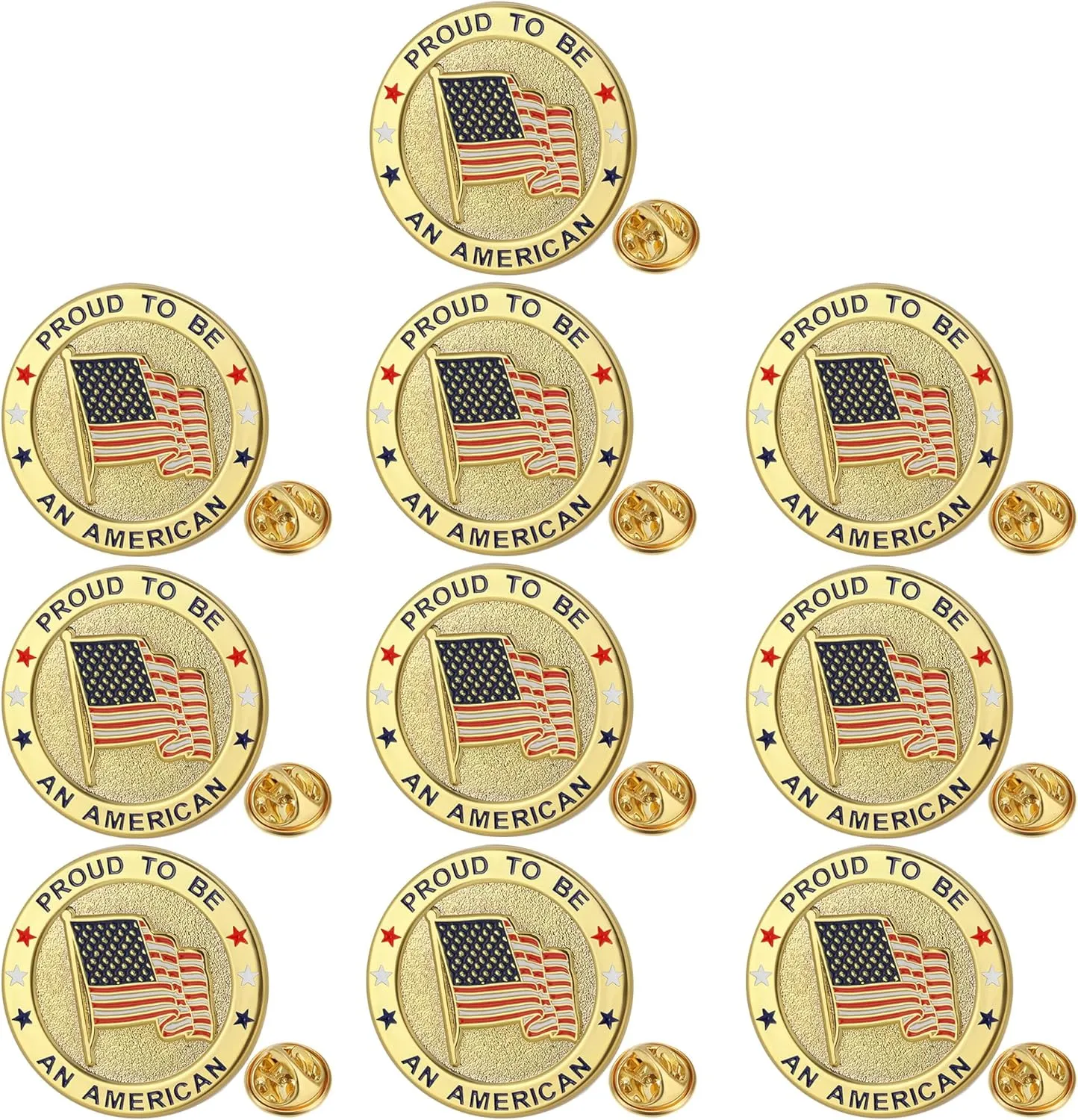 10 Pack Round American Flag Pins, Gold USA Flag Lapel Pins - Pround to Be An American Pin for Memorial Day, Flag Day, Independence Day,Veterans Day
