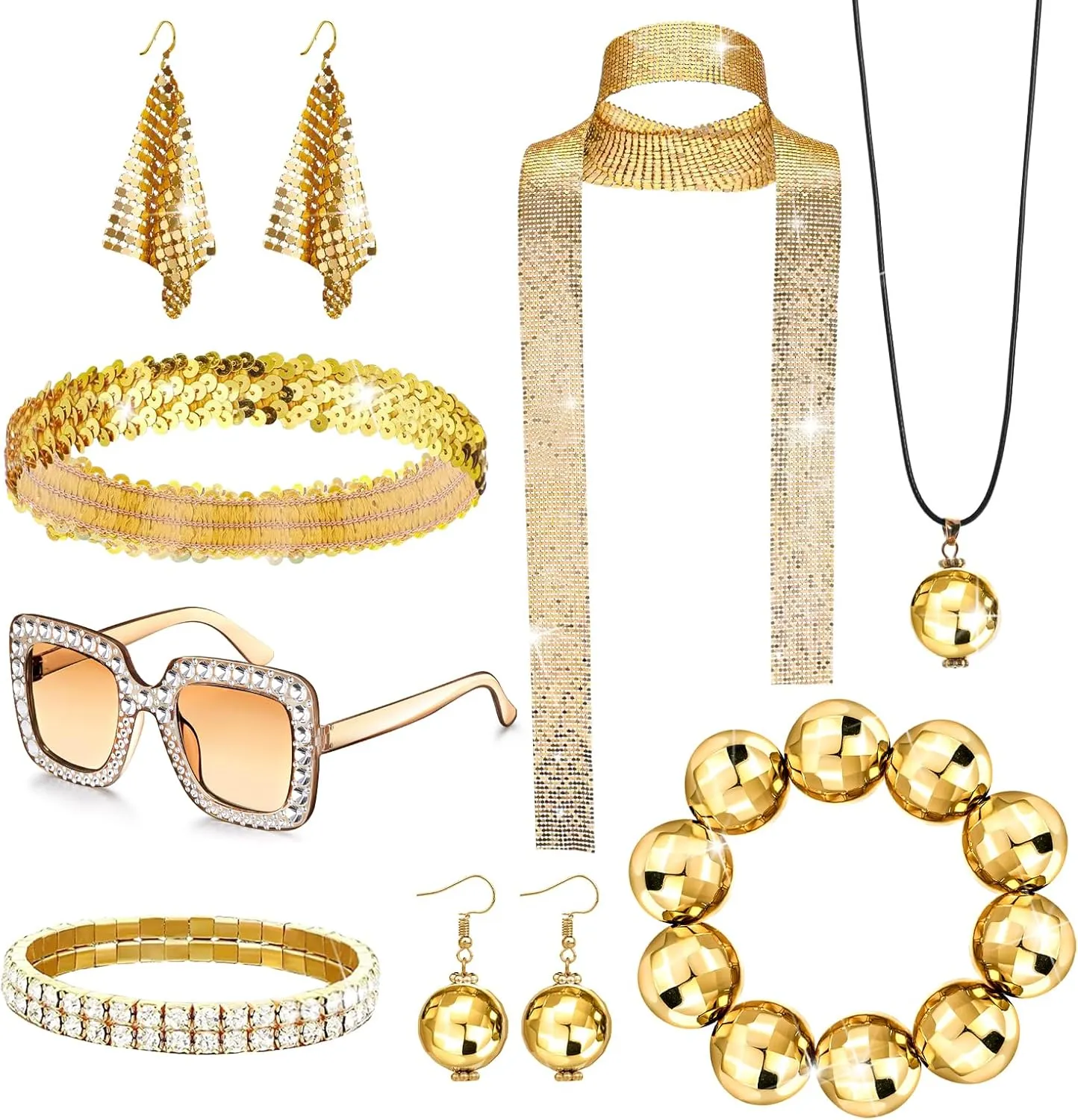 10 Pcs 70s Disco Accessories for Women Sequin Scarf Headband Shiny Tennis Bracelet Ball Necklace Earring Sun Glasses Disco Costume Set