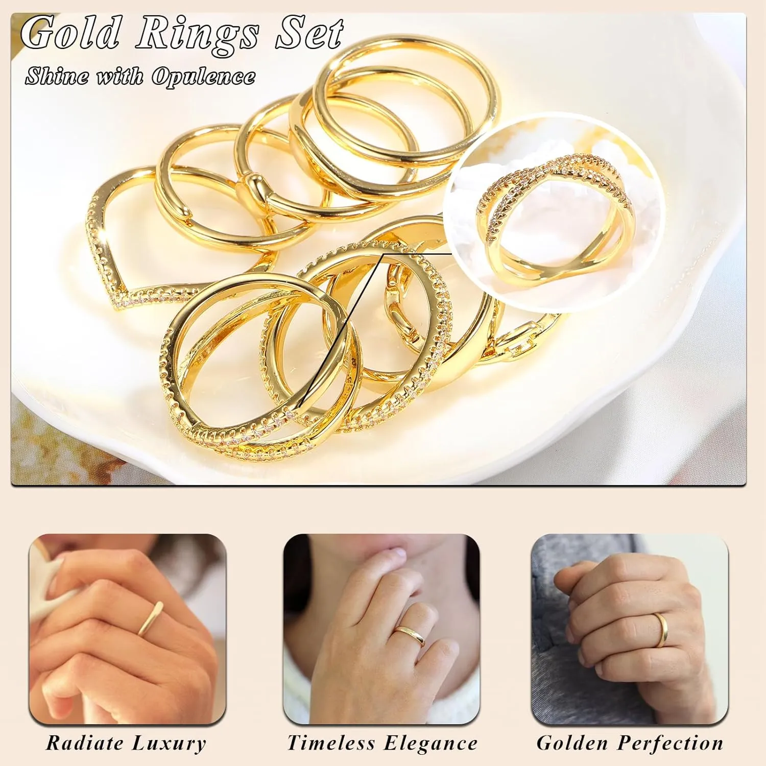 10 PCS Dainty 14K Gold Rings for Women, Open Twist Simulated Diamond Criss Cross Designs, Perfect for Stacking Layering on Thumb and Knuckle Engagement Rings in Sizes 6-10