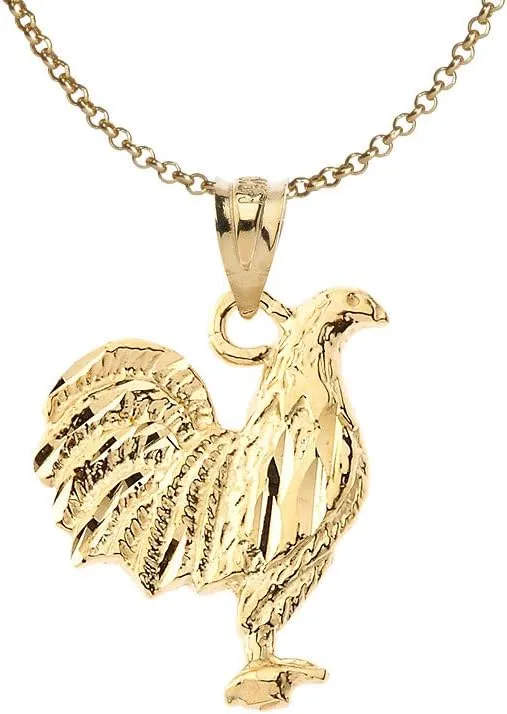 10K Genuine Real Karat Yellow Gold Hen Rooster Chicken Shape Charm Pendant Jewelry Necklace with Chain