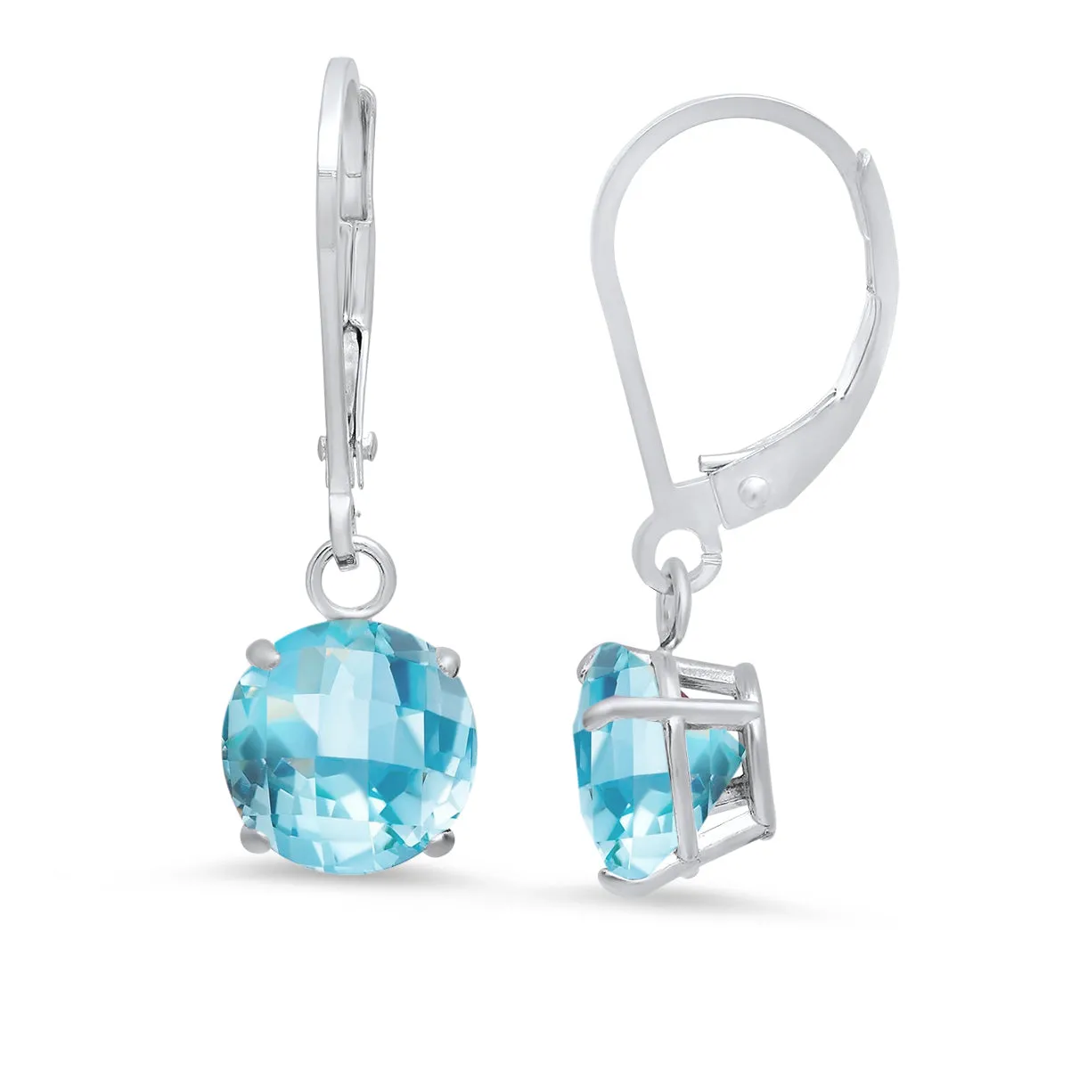 10K White Gold Round Checkerboard Cut Gemstone Leverback Earrings (8mm)