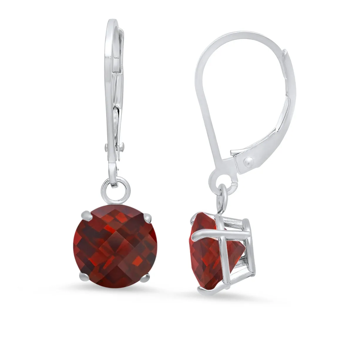 10K White Gold Round Checkerboard Cut Gemstone Leverback Earrings (8mm)
