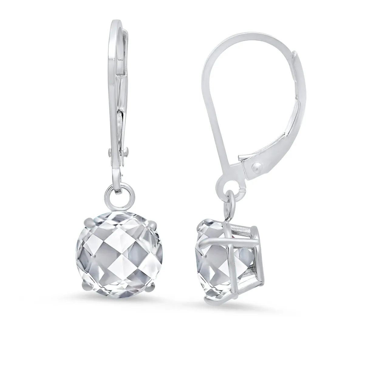10K White Gold Round Checkerboard Cut Gemstone Leverback Earrings (8mm)