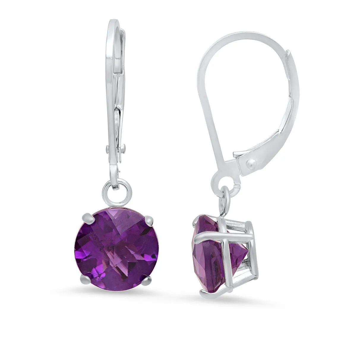 10K White Gold Round Checkerboard Cut Gemstone Leverback Earrings (8mm)