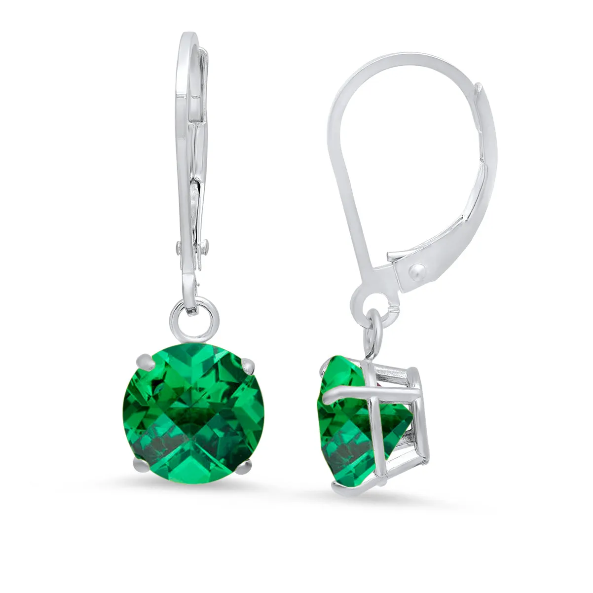 10K White Gold Round Checkerboard Cut Gemstone Leverback Earrings (8mm)