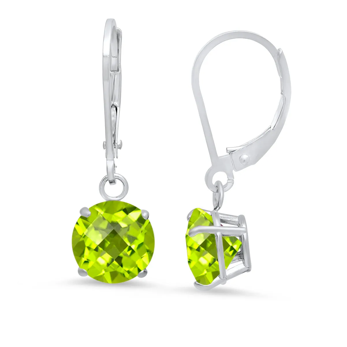 10K White Gold Round Checkerboard Cut Gemstone Leverback Earrings (8mm)