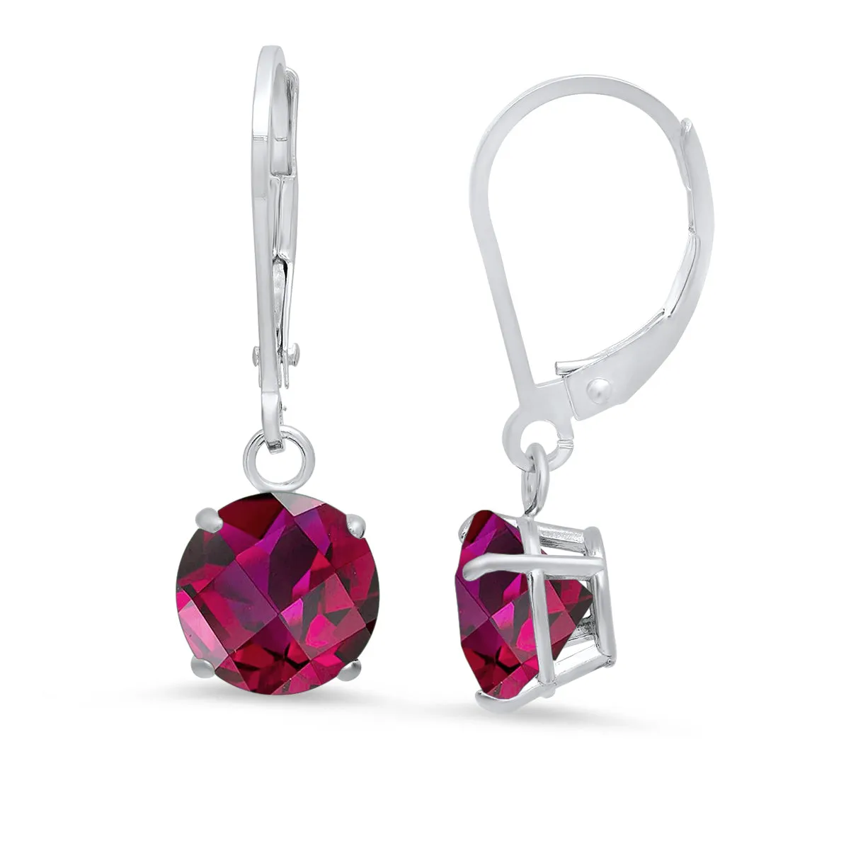 10K White Gold Round Checkerboard Cut Gemstone Leverback Earrings (8mm)