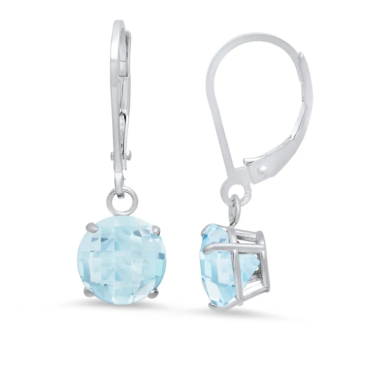 10K White Gold Round Checkerboard Cut Gemstone Leverback Earrings (8mm)