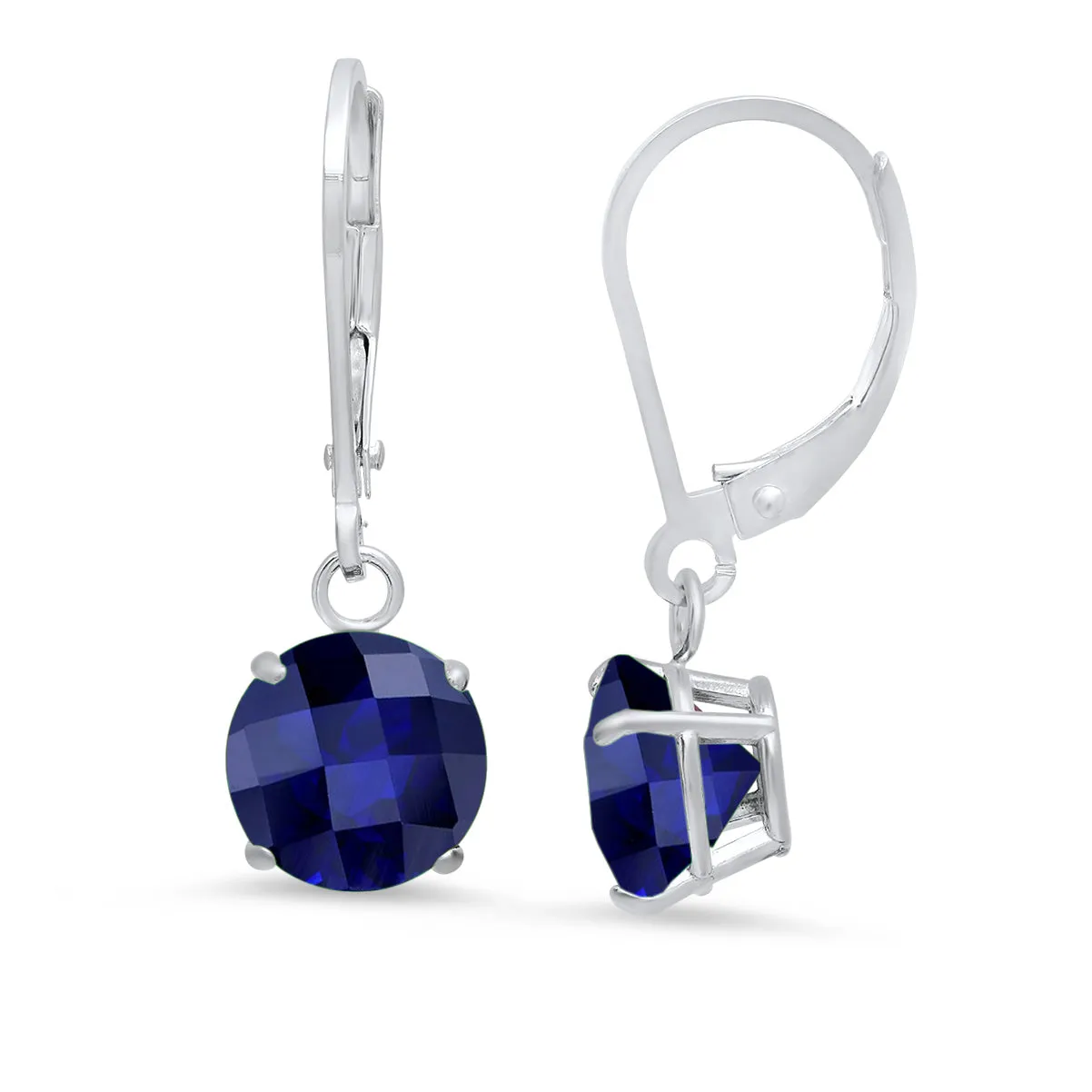 10K White Gold Round Checkerboard Cut Gemstone Leverback Earrings (8mm)