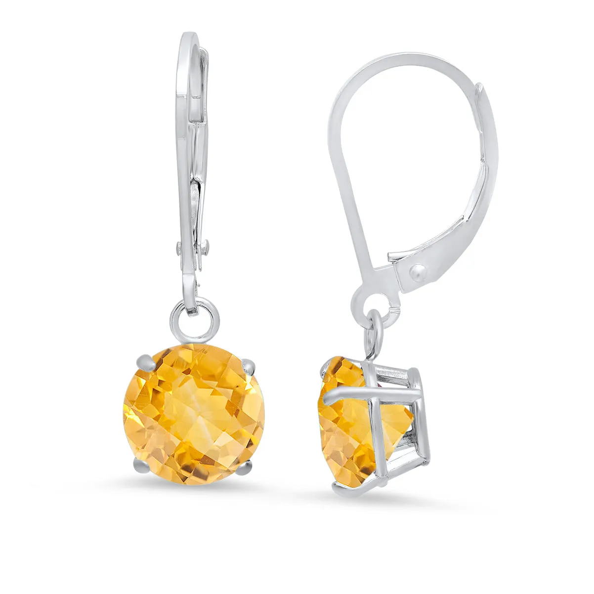10K White Gold Round Checkerboard Cut Gemstone Leverback Earrings (8mm)
