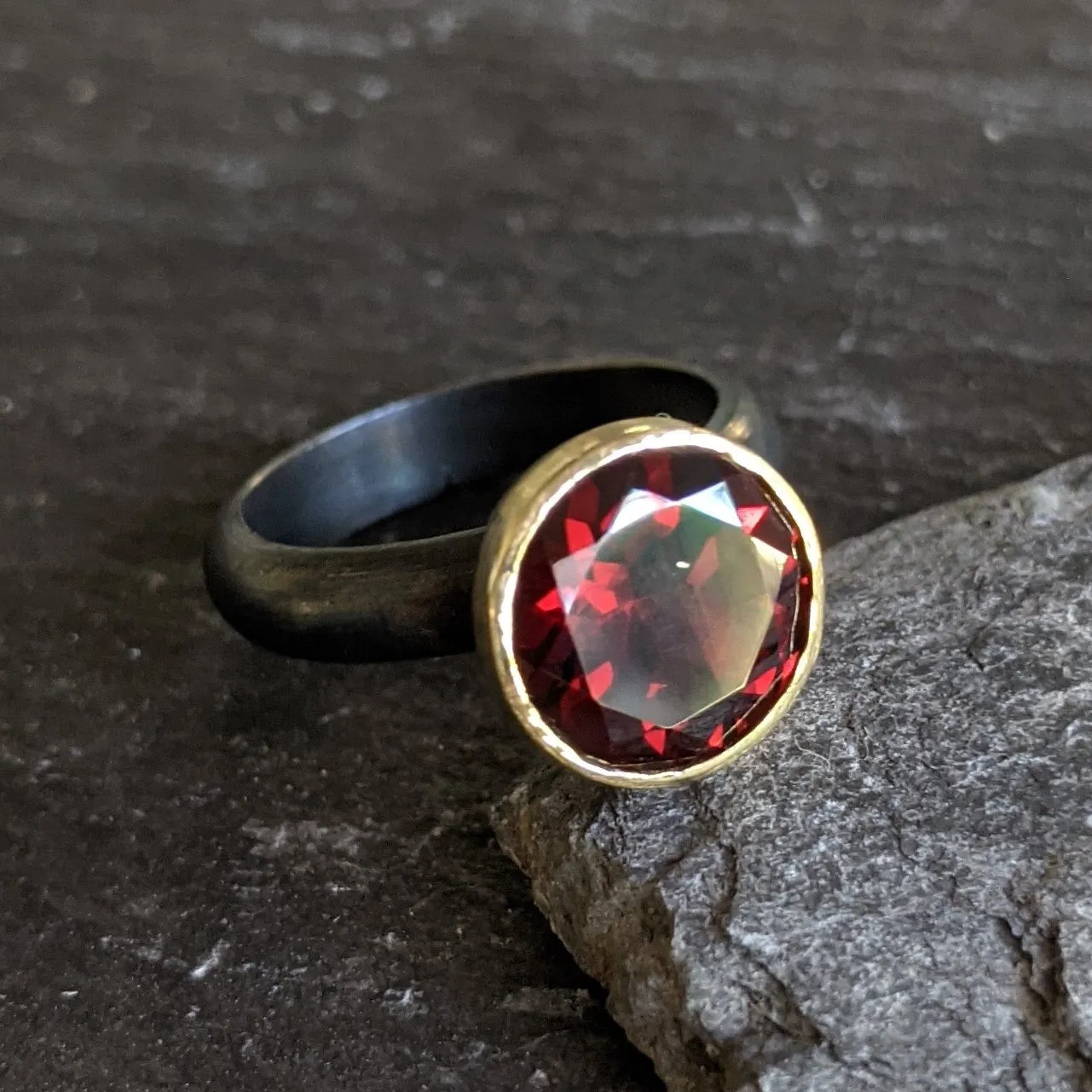 10mm Almandine Garnet set in 18kt Gold on Oxidized Silver Ring