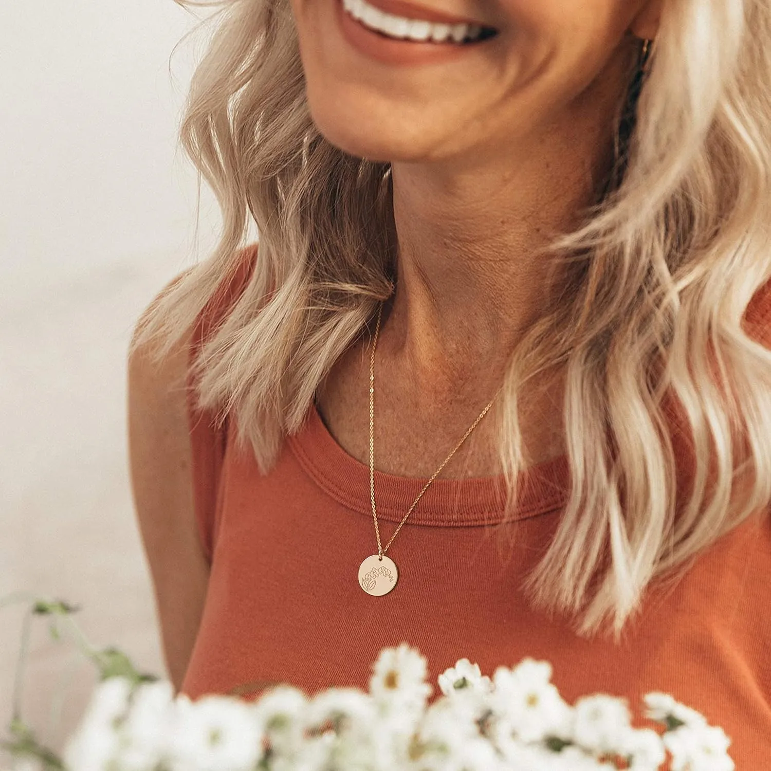 12 Birth Month Flower Pendant Necklace 14K Gold Plated Dainty Simple Month Birth Floral Disc Pendant Engrave Coin Necklace Minimalist Delicate Custom Personalized Jewelry Mom Daughter BFF Gift
