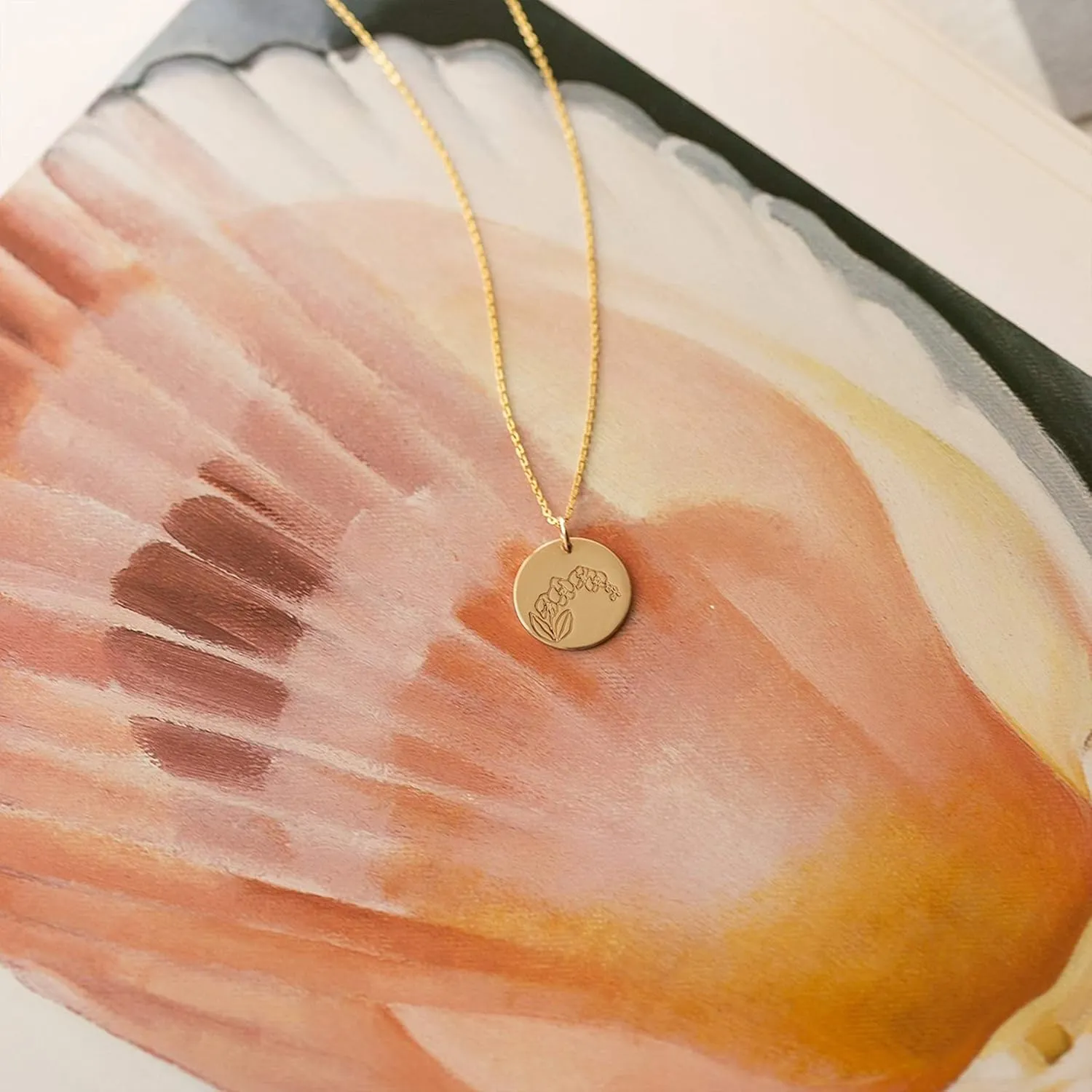 12 Birth Month Flower Pendant Necklace 14K Gold Plated Dainty Simple Month Birth Floral Disc Pendant Engrave Coin Necklace Minimalist Delicate Custom Personalized Jewelry Mom Daughter BFF Gift
