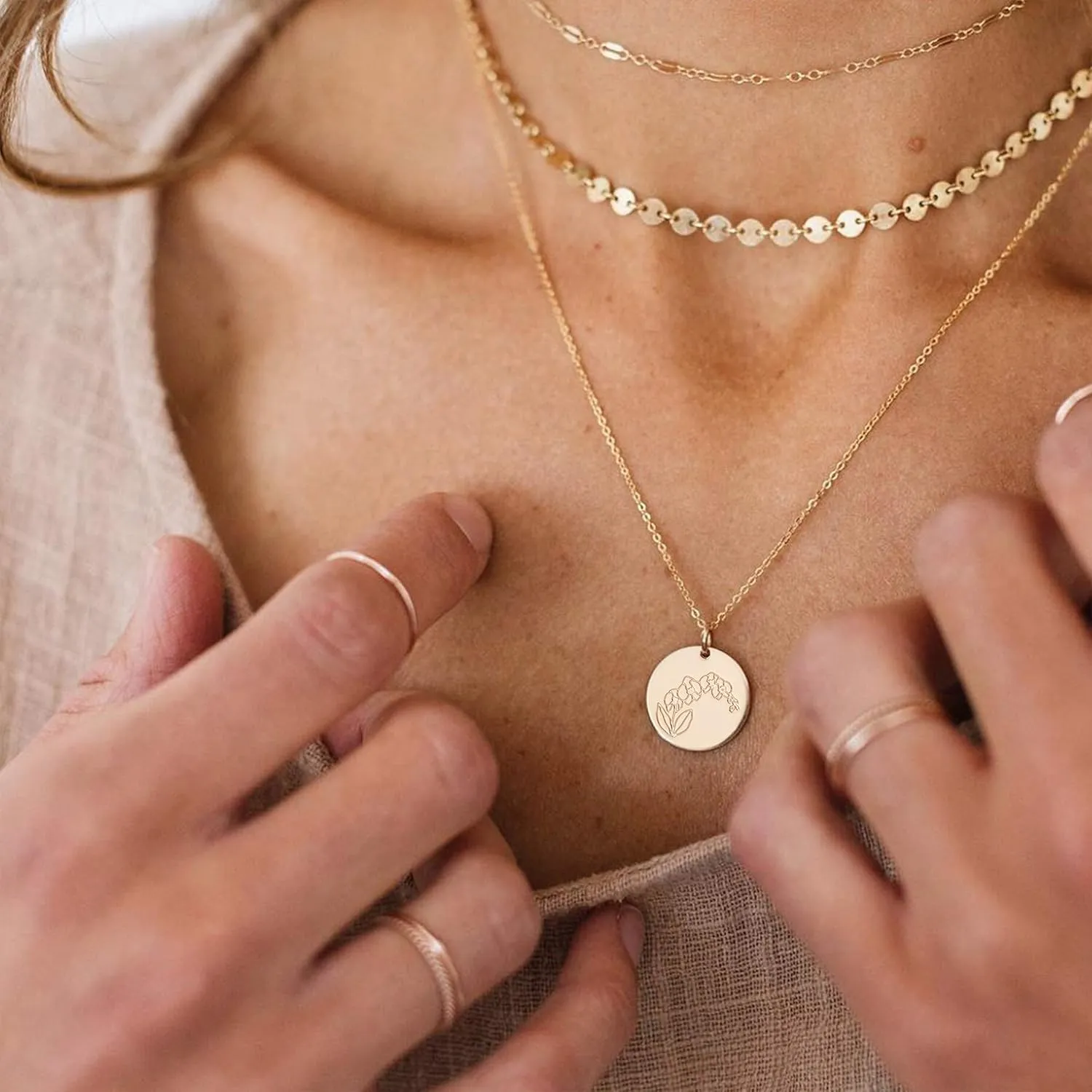12 Birth Month Flower Pendant Necklace 14K Gold Plated Dainty Simple Month Birth Floral Disc Pendant Engrave Coin Necklace Minimalist Delicate Custom Personalized Jewelry Mom Daughter BFF Gift
