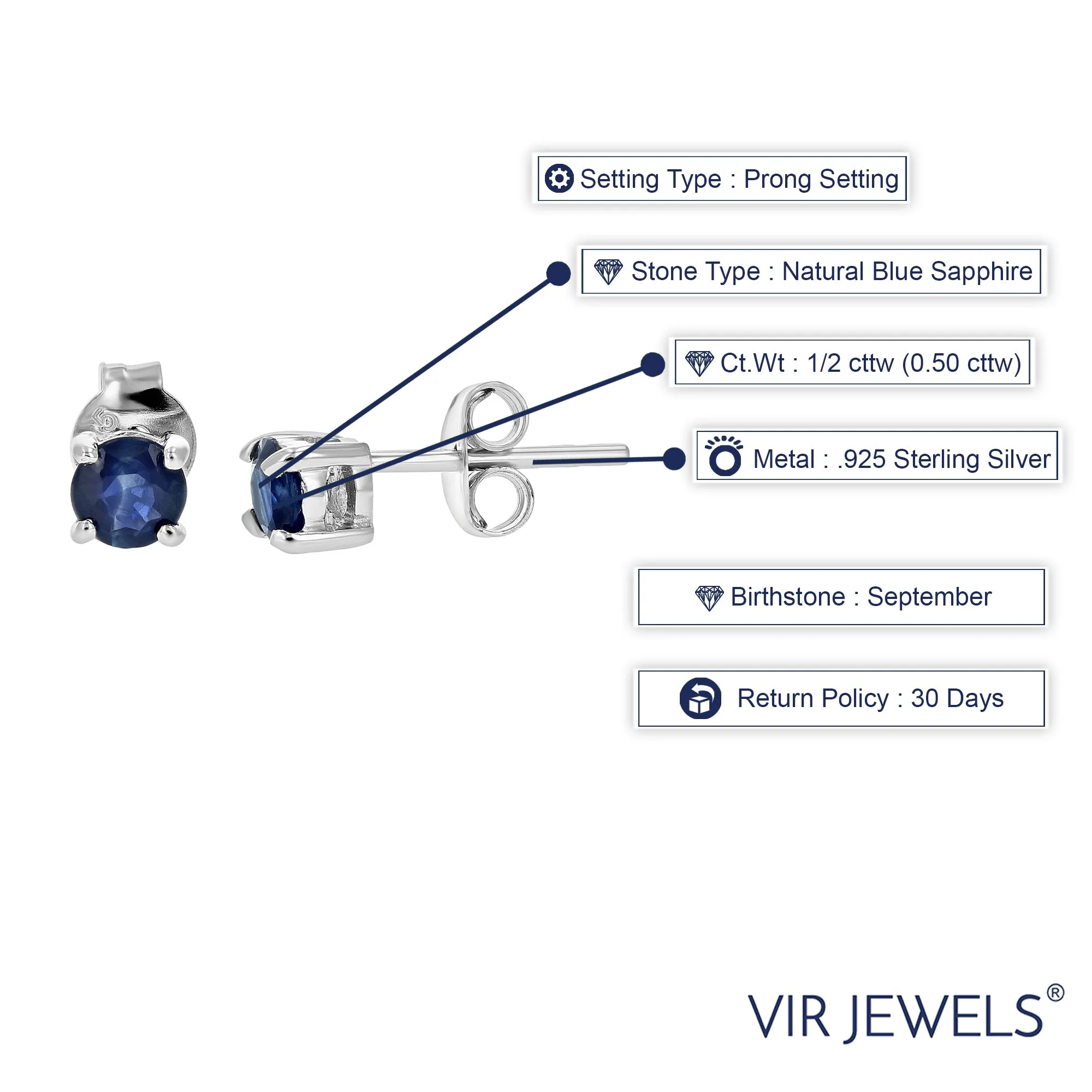1/2 cttw Round Blue Sapphire Stud Earrings in .925 Sterling Silver with Rhodium
