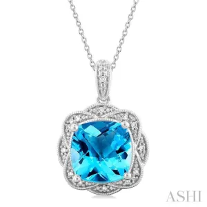 1/20 ctw Cushion Cut 10X10MM Blue Topaz and Round Cut Diamond Semi Precious Pendant With Chain in Sterling Silver