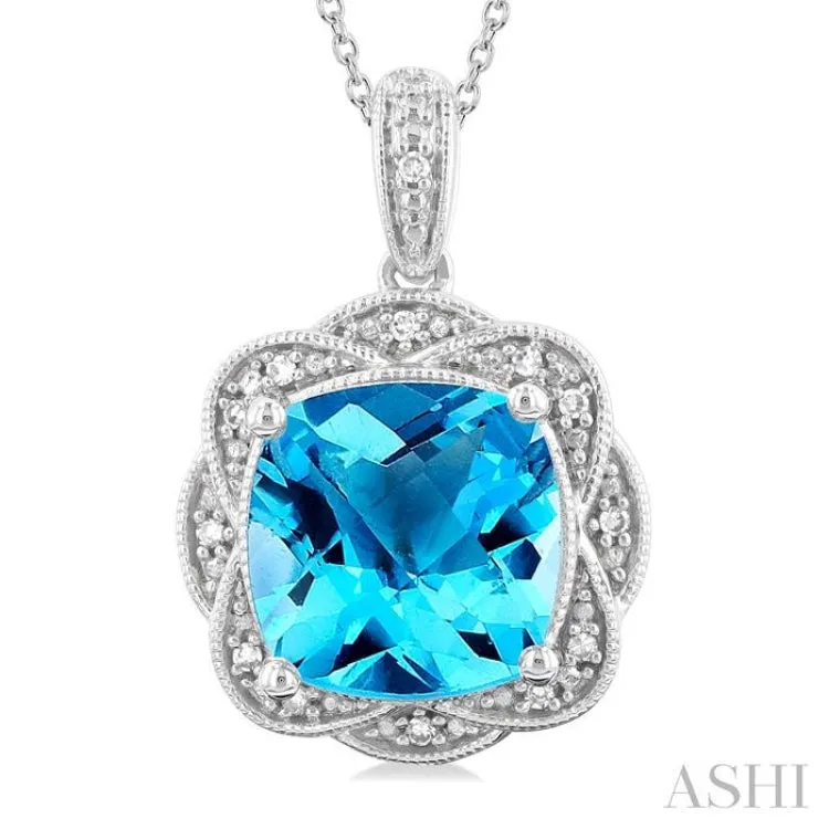 1/20 ctw Cushion Cut 10X10MM Blue Topaz and Round Cut Diamond Semi Precious Pendant With Chain in Sterling Silver