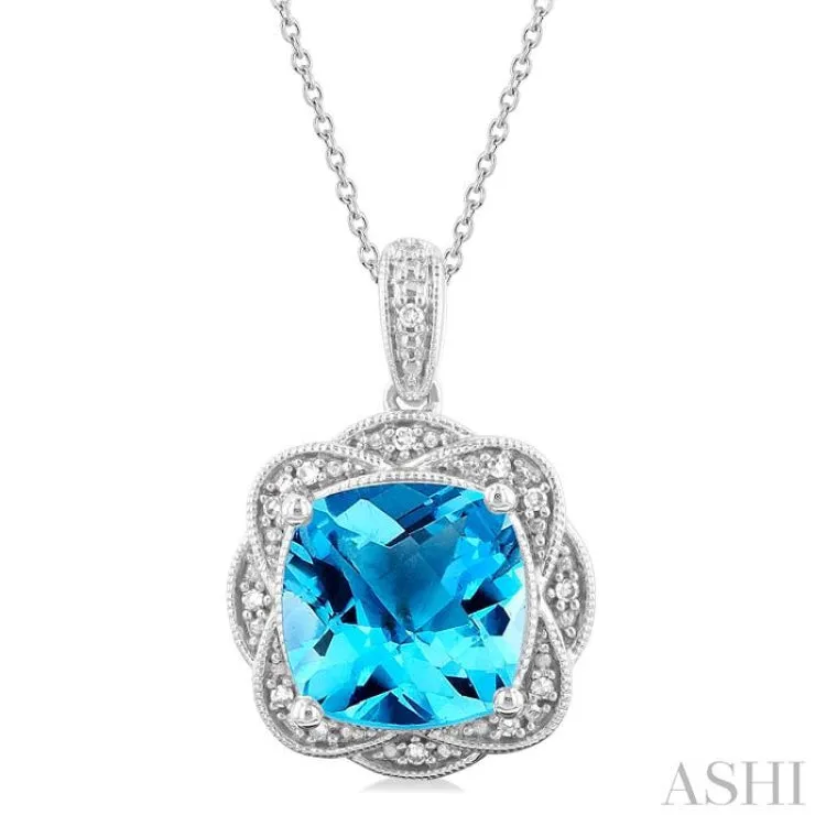 1/20 ctw Cushion Cut 10X10MM Blue Topaz and Round Cut Diamond Semi Precious Pendant With Chain in Sterling Silver