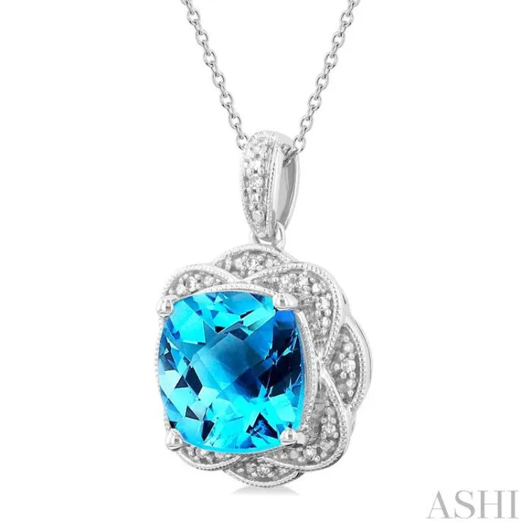1/20 ctw Cushion Cut 10X10MM Blue Topaz and Round Cut Diamond Semi Precious Pendant With Chain in Sterling Silver