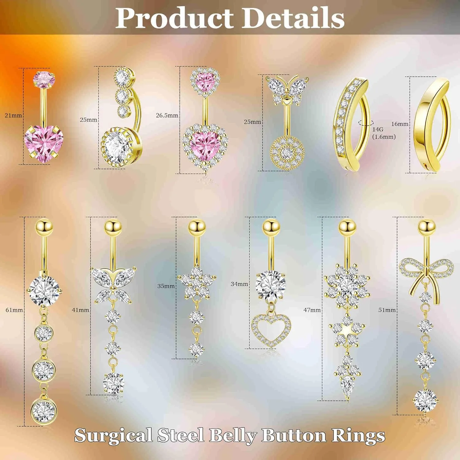 12PCS 14G 316L Stainless Steel Belly Button Rings for Women Dangle Belly Rings CZ Pink Cute Clicker Navel Rings Heart Flower Butterfly Hypoallergenic Bow Navel Piercing Jewelry
