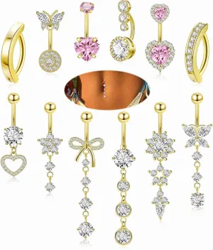 12PCS 14G 316L Stainless Steel Belly Button Rings for Women Dangle Belly Rings CZ Pink Cute Clicker Navel Rings Heart Flower Butterfly Hypoallergenic Bow Navel Piercing Jewelry