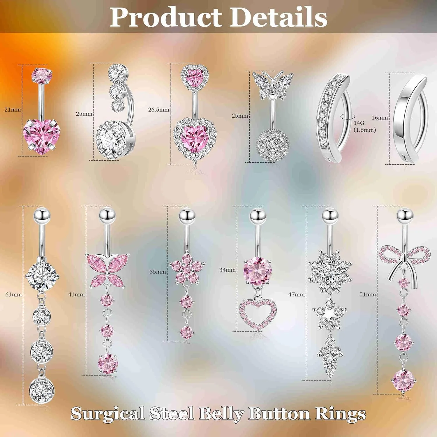 12PCS 14G 316L Stainless Steel Belly Button Rings for Women Dangle Belly Rings CZ Pink Cute Clicker Navel Rings Heart Flower Butterfly Hypoallergenic Bow Navel Piercing Jewelry