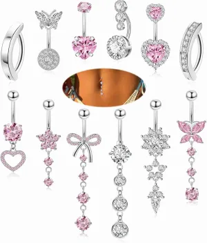 12PCS 14G 316L Stainless Steel Belly Button Rings for Women Dangle Belly Rings CZ Pink Cute Clicker Navel Rings Heart Flower Butterfly Hypoallergenic Bow Navel Piercing Jewelry