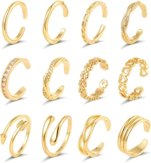 12PCS 18k Gold Plated Open Toe Rings CZ Wave Twist Arrow Celtic Knot Flower Heart Thin Band Ring Minimalist Vintage Retro Knuckle Finger Stacking Tail Ring Pack Summer Beach Foot Jewelry Set For Women Adjustable Gold Sliver Tone