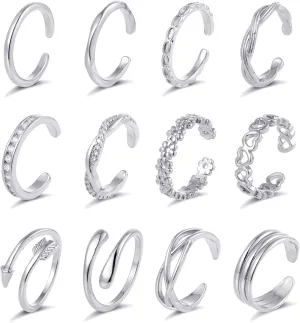 12PCS 18k Gold Plated Open Toe Rings CZ Wave Twist Arrow Celtic Knot Flower Heart Thin Band Ring Minimalist Vintage Retro Knuckle Finger Stacking Tail Ring Pack Summer Beach Foot Jewelry Set For Women Adjustable Gold Sliver Tone