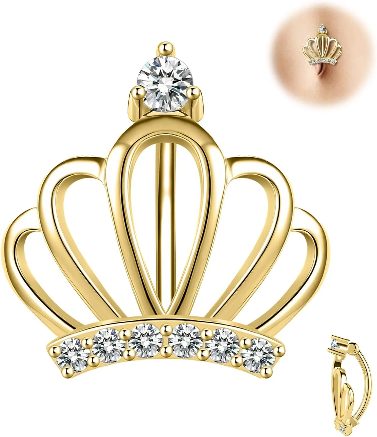 14G Belly Button Rings for Women 925 Sterling Silver Clicker Belly Rings Crown Shape Belly Barbell Piercing Curved Reverse Navel Rings Belly Piercing Jewelry, Gold/Silver