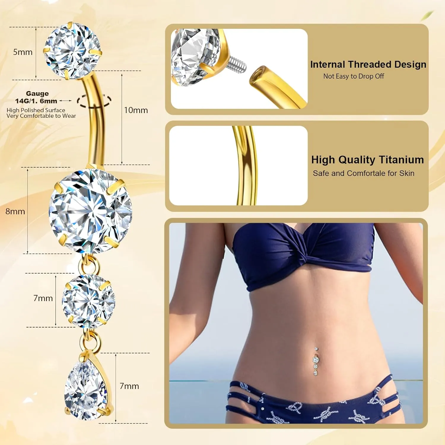 14G Gold Belly Button Ring Titanium Dangle Belly Rings Hypoallergenic Dangling Belly Button Piercing Internally Threaded CZ Belly Piercing Jewelry for Women