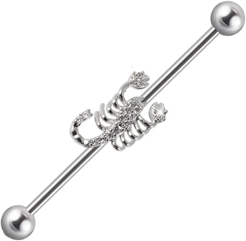 14G Scorpion Gecko 38mm Industrial Barbell Earrings for Women Men 316L Stainless Steel Shiny CZ Industrial Bar Cartilage Helix Piercing Barbell Industrial Piercing Jewelry