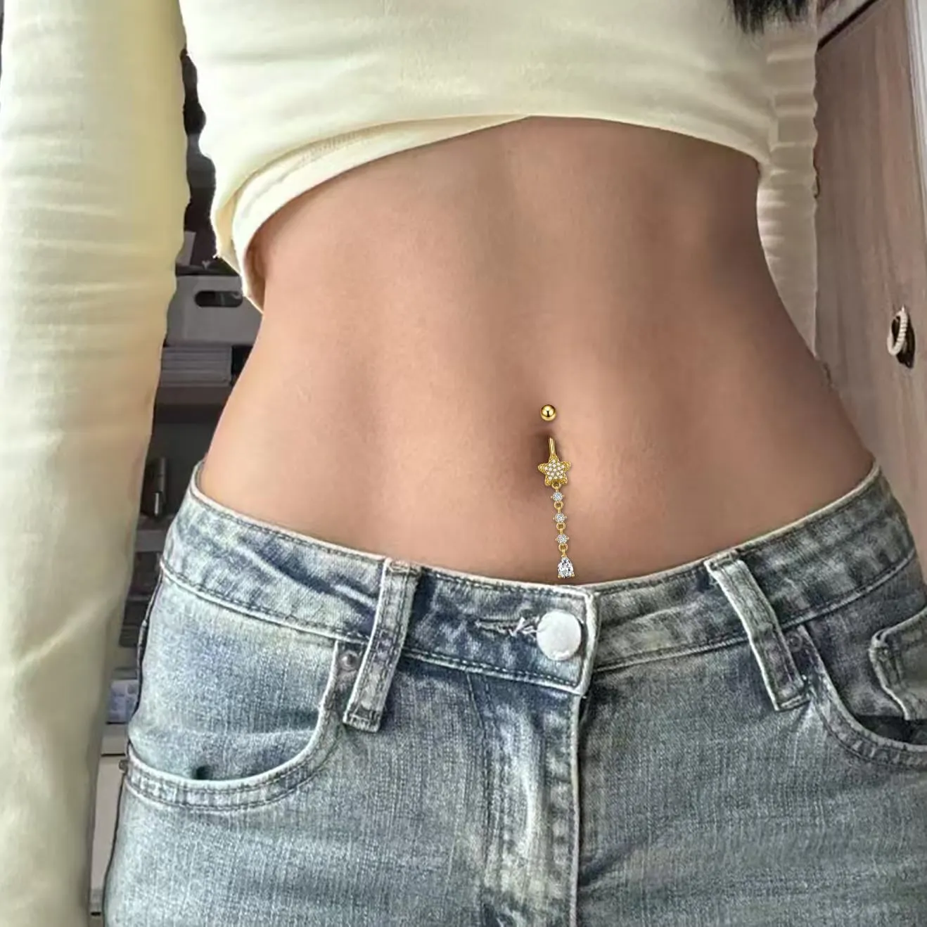 14G Star Dangle Belly Button Rings for Women 316L Surgical Steel CZ Crystal Belly Navel Rings Belly Barbell Long Dangling Belly Piercing Jewelry