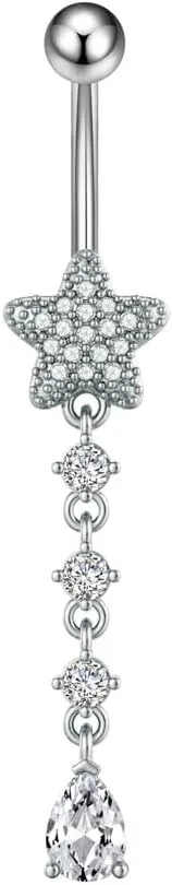 14G Star Dangle Belly Button Rings for Women 316L Surgical Steel CZ Crystal Belly Navel Rings Belly Barbell Long Dangling Belly Piercing Jewelry