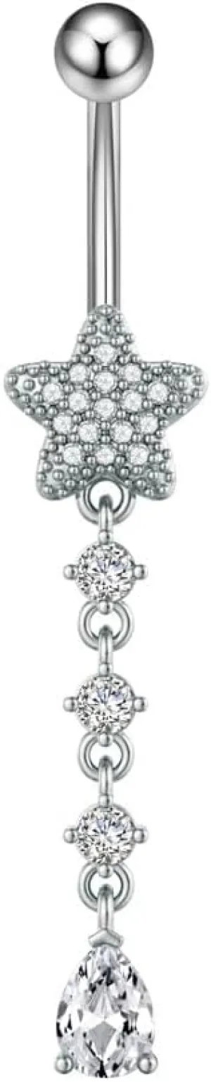 14G Star Dangle Belly Button Rings for Women 316L Surgical Steel CZ Crystal Belly Navel Rings Belly Barbell Long Dangling Belly Piercing Jewelry
