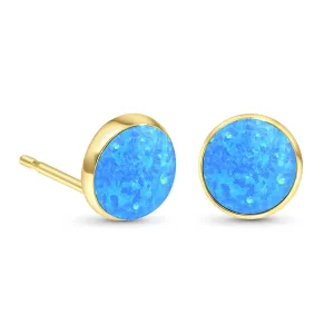14K Gold Blue Opal Stud Earrings - 14K Solid Yellow Gold Studs, Dainty 8mm October Birthstone Medium Size Handmade Opal Jewelry - Perfect Gift for Classy Women