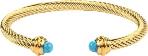 14K Gold Plated Adjustable Twist Stainless Steel Cable Wire Turquoise Charm Bracelets Friendship Open Bangle Wrist Cuff for Women Men
