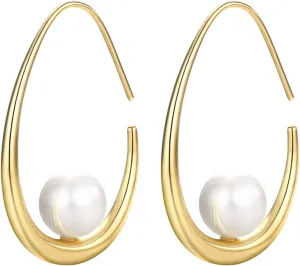 14k Gold Plated Lightweight Pearl Earrings,Trendy Jewelry,Teardrop Hoop Earrings for Women,Pearl Drop Earrings,Elegant Jewelry for Gifts